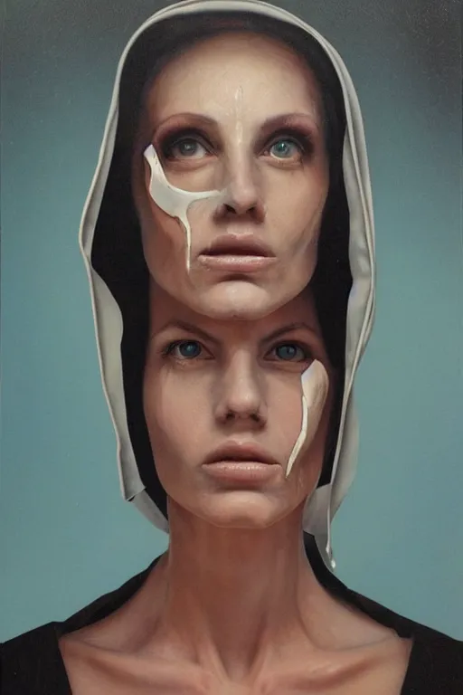 Image similar to hyperrealism oil painting mixed with 8 0 s sci - fi art, complete darkness background, close - up face portrait from above, nun fashion model, lost her faith