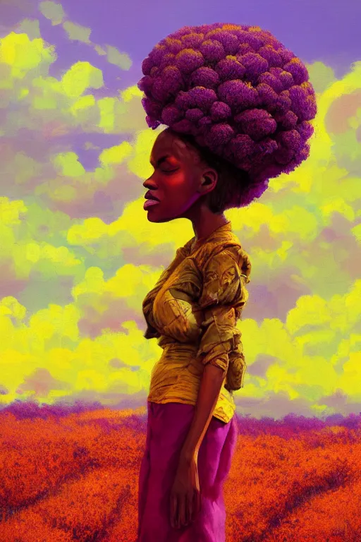 Prompt: closeup, giant flower as head, african woman in heather field, surreal photography, golden hour, colorful clouds, impressionist painting, digital painting, artstation, simon stalenhag