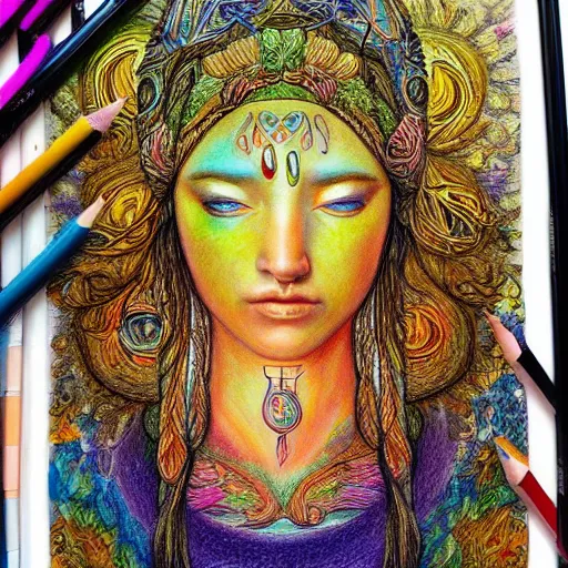 Image similar to Colored pencil art, Goddess Gaia, highly detailed, artstation, MasterPiece, Award-Winning, Caran d'Ache Luminance