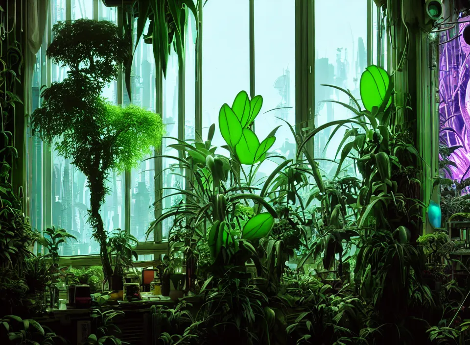 Image similar to telephoto 7 0 mm f / 2. 8 iso 2 0 0 photograph depicting a large alien jungle plant in a cosy cluttered french sci - fi ( art nouveau ) cyberpunk apartment in a pastel dreamstate art cinema style. ( computer screens, window ( city ), leds, lamp, ( ( ( aquarium bed ) ) ) ), ambient light.