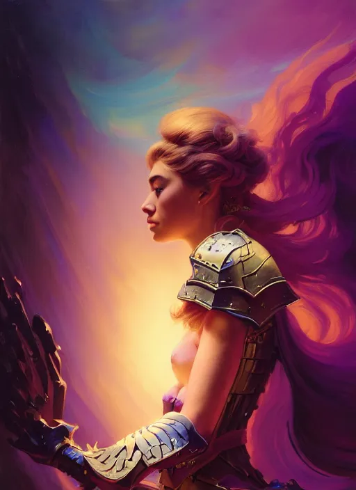 Prompt: side portrait, imogen poots, paladin, fantasy armor, gloomhaven, soft, smooth, luminescent, colorful swirly ripples, gaudy colors, by greg manchess, huang guangjian, gil elvgren, sachin teng, greg rutkowski, jesper ejsing, rhads, ilya kuvshinov, cushart krenz