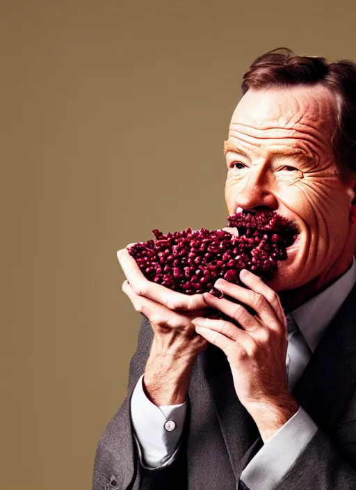 Image similar to bryan cranston bulging cheeks eating cranberries, open mouth filled with cranberries, studio light, bloom, detailed face, magazine, press, photo, steve mccurry, david lazar, canon, nikon, focus