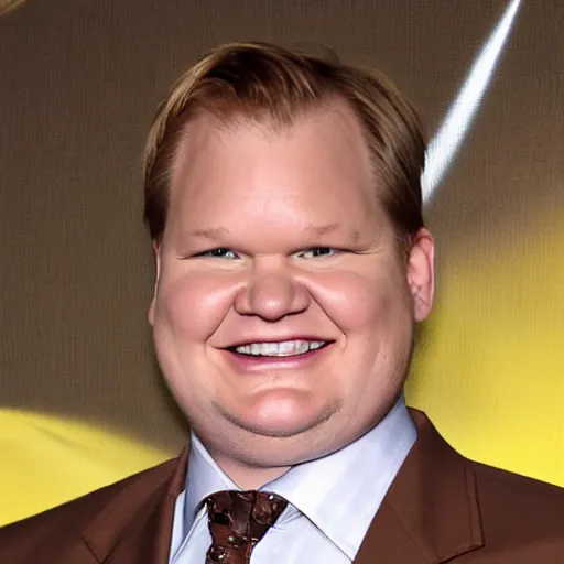 Prompt: Andy Richter is wearing a chocolate brown suit and yellow shirt and necktie. Andy is standing in front of a mirror.