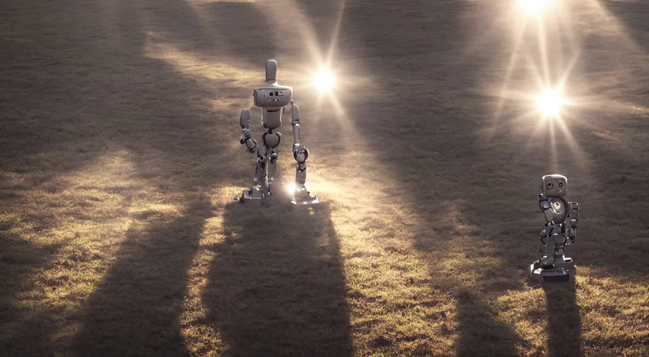 Image similar to a robot in a movie, cinematic shot, sun beams