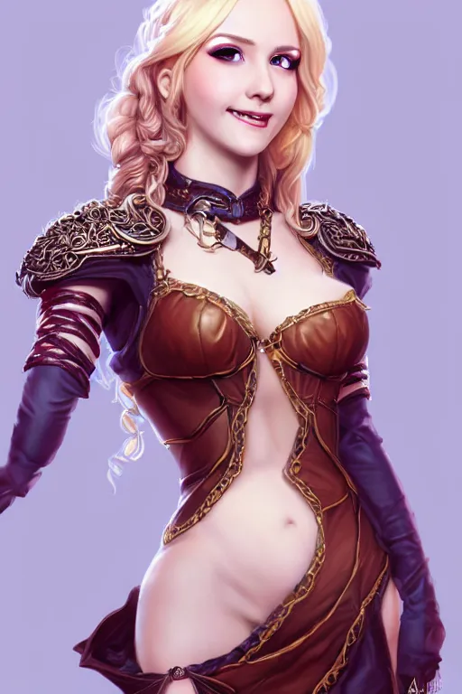 Image similar to Portrait of seductive female bard, D&D, revealing stylish dress like leather armor, choker on neck, long blonde or red hair, mouth slightly open, cute slightly nerdy smile, fantasy, intricate, elegant, stylish, highly detailed, digital painting, artstation, concept art, smooth, sharp focus, illustration, art by artgerm and greg rutkowski and alphonse mucha