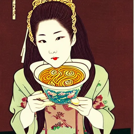 Prompt: beautiful japanese female model eating ramen soup portrait in the style of art nouveau x belle epoque