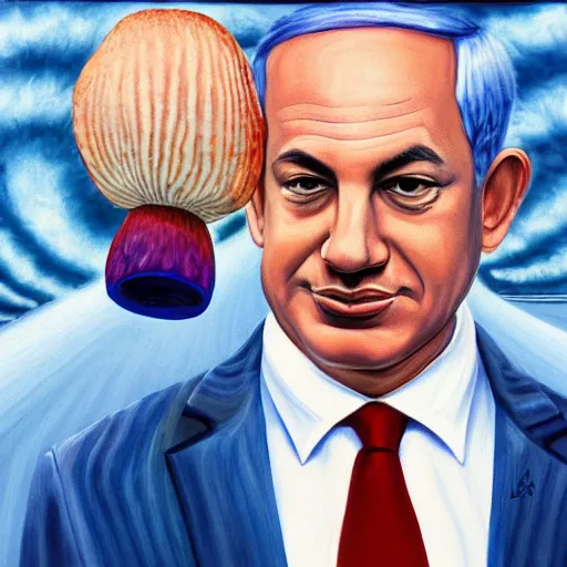 Image similar to painting of benjamin netanyahu holding a mushroom, cinematic composition, trippy, sharp focus, by alex grey