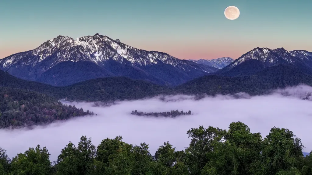 Image similar to Panoramic photo where the mountains are towering over the valley below their peaks shrouded in mist. The moon is just peeking over the horizon and the sky dark purple. The sky is blanketed with shiny stars. The river is winding its way through the valley and the trees are a vivid green