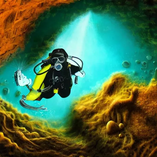 Prompt: diver in a cave underwater, ultra painting, artistic, cosmic, haunted, cave like teeth, bubbles, scary, dark, weird, 4k,