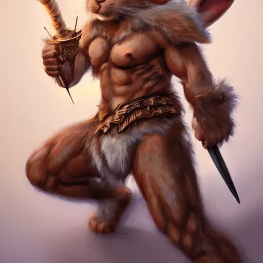 Image similar to portrait of a very cute fursona rabbit barbarian, muscular, wild, d & d, fantasy, intricate, cinematic lighting, highly detailed, digital painting, artstation, concept art, smooth, sharp focus, illustration, art by hajime sorayama