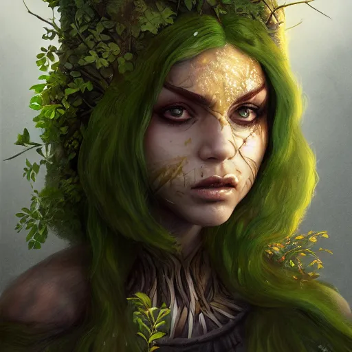 Image similar to nott as a dryad, her skin are yellow leaves portrait, highly detailed, headshot, digital painting, trending on artstation, concept art, sharp focus, illustration, art by artgerm and greg rutkowski and magali villeneuve