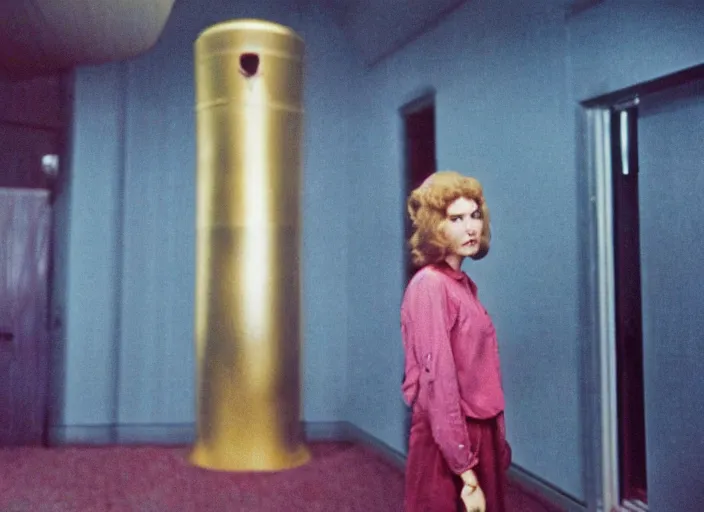 Prompt: photograph of young woman standing in front of orgone accumulator in suburban living room, crisp focus, highly detailed, in roger deakins style, 3 5 mm ektachrome