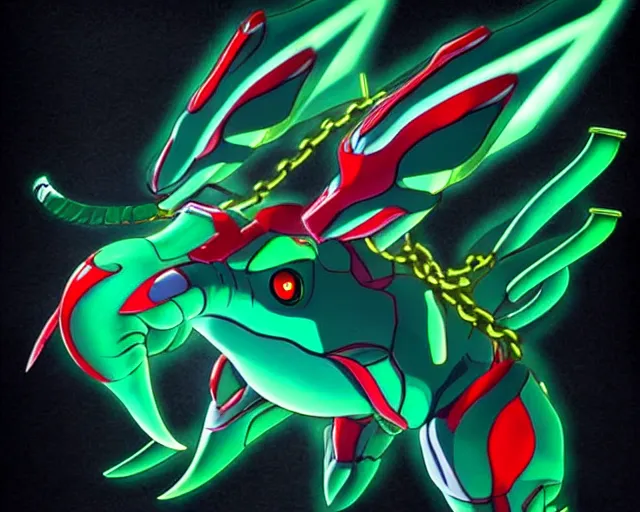 Image similar to Rayquaza Elephant hybrid Photorealistic. Aesthetics of Akira, Ghost in the shell, Neon Genesis Evangelion, Trigun