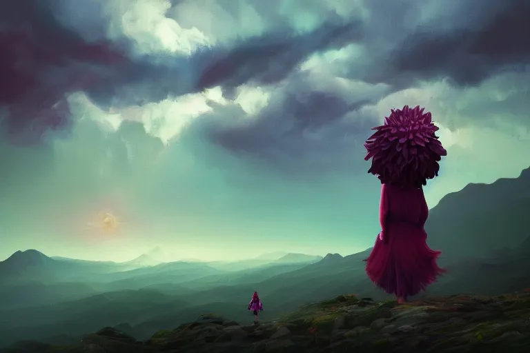 Image similar to giant dahlia flower as a head, girl walking on mountain, surreal photography, stars, dramatic light, impressionist painting, storm clouds, digital painting, artstation, simon stalenhag