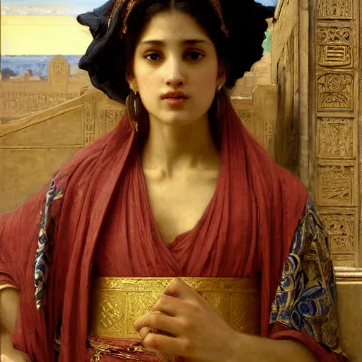 Image similar to orientalist portrait of a moorish female sage wearing a golden robe smoking a pipe in a sandstone temple intricate portrait by john william waterhouse and Edwin Longsden Long and Theodore Ralli and William-Adolphe Bouguereau, very coherent symmetrical artwork. Cinematic, hyper realism, high detail 8k