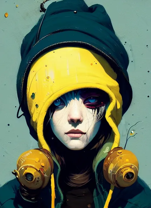 Image similar to highly detailed portrait of a sewerpunk student lady, blue eyes, hoody, beanie hat, white hair by atey ghailan, james gilleard, by greg rutkowski, by joe fenton, by greg tocchini, by kaethe butcher, gradient yellow, black, brown and cyan color scheme, grunge aesthetic!!! ( ( graffiti tag wall background ) )