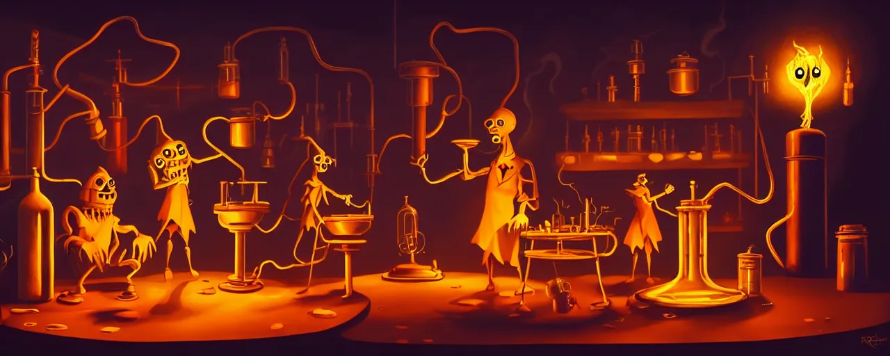 Image similar to uncanny alchemist monsters in a fiery alchemical lab, dramatic lighting, surreal 1 9 3 0 s fleischer cartoon characters, shallow dof, surreal painting by ronny khalil