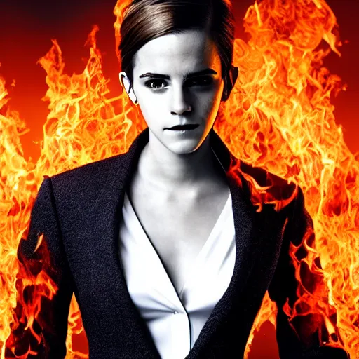 Image similar to Emma Watson in suit made of fire, 8k UHD, studio photography, high quality, high detail, stunning lighting