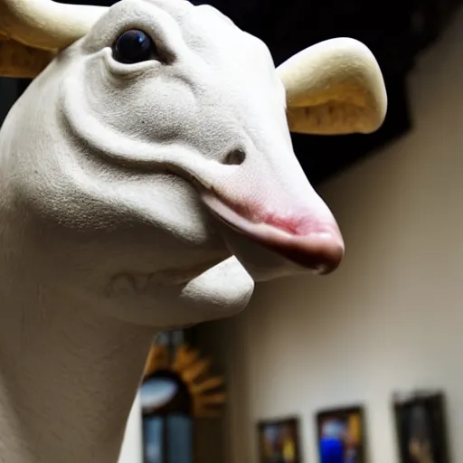 Image similar to a taxidermized smiling goose cow chimera, in a museum, on a pedestal, 8 5 mm lens, 7 0 mm entrance pupil diameter, close - up photograph, high detail, 4 k, soft focus, depth of field