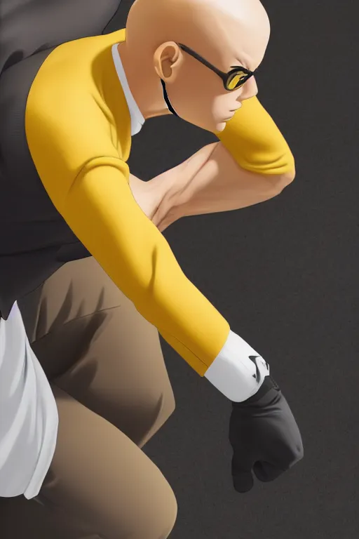 Prompt: side profile, saitama, young bald man, yellow buisness suit, red gloves, looking down, 8k, ultra detail, anime, full body shot