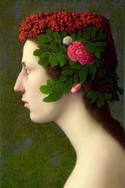 Prompt: a womans face in profile, made of flowers and leaves, in the style of the dutch masters and gregory crewdson, impressive, dark, ethereal, dramatic, epic, a masterpiece, fine art with subtle redshift rendering, by rene magritte, surrealism, inside a tesseract