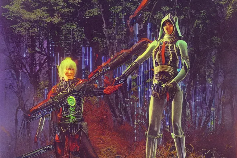 Prompt: 1979 OMNI Magazine Cover of a Druid elf with armor at a Garden park in Neo-Tokyo in cyberpunk style by Vincent Di Fate