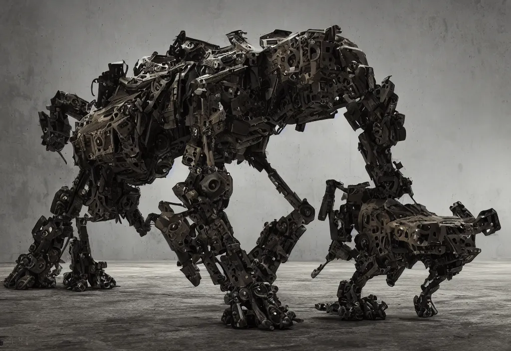 Image similar to military quadruped tiger shaped mech, with black carbon fibre muscular limbs, sinew, intricate parts, parametric design, pistons, robotics, modern, on an empty grimy concrete background, weta, cinematic, realistic, stylised, unreal engine, hyper realistic, octane render