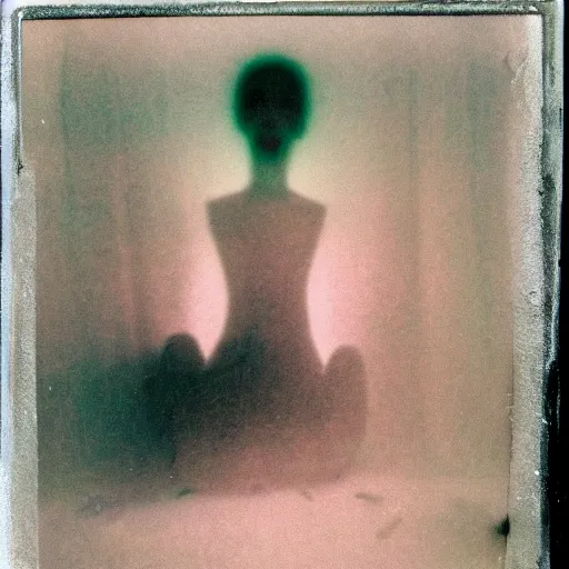 Prompt: coloured atmospheric polaroid photo of a with transparent ghostly banshee corpse body floating in old living room lighted with flashlight interior