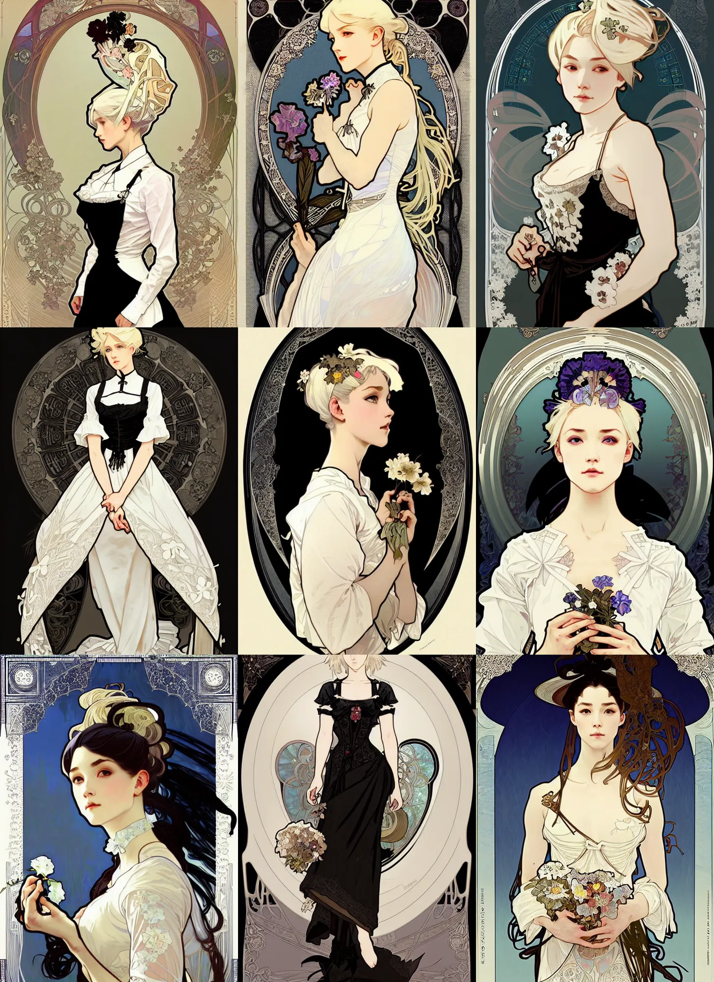 Prompt: ross tran and alphonse mucha and greg rutkowski digital art illustration of a beautiful platinum blonde victorian maid. beautiful slender face, playful updo, big blue eyes, fine pointy chin, slender nose, high cheek bones, soft lips. maid in a black dress with white apron. lace, embroidery, leather, studs.