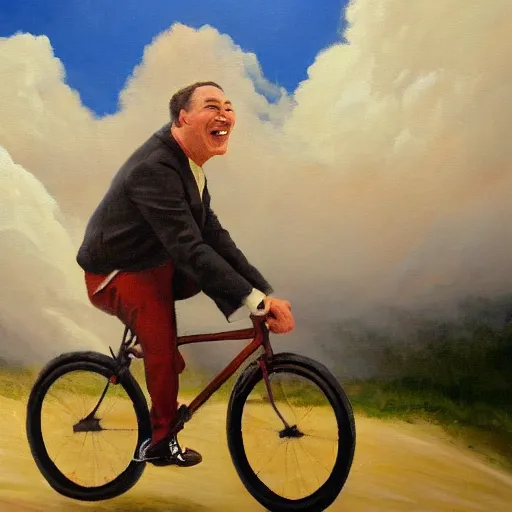 Image similar to A painting of a joyful man riding a bicycle in the clouds, action shot, subject is smiling, expressive oil painting