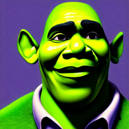 Prompt: obama as shrek, highly detailed, extremely high quality, hd, 4 k, 8 k, canon 3 0 0 mm, professional photographer, 4 0 mp, lifelike, top - rated, award winning, realistic, detailed lighting, detailed shadows, sharp, no blur, edited, corrected, trending