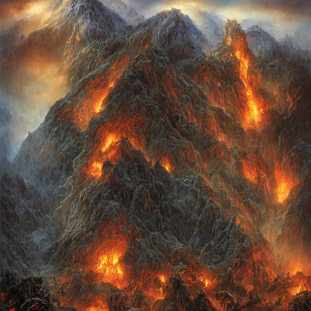 Prompt: the haunted hills of mordor, upward cinematic angle, by rodney matthews, michael kaluta, bill sienkiewicz and thomas kinkade, ghostly darkness, volcanic hellscape, stunning composition, demon skull faces, intricate, elegant, digital art, hyperdetailed, colorful hyperrealism, brilliant photorealism, 4k