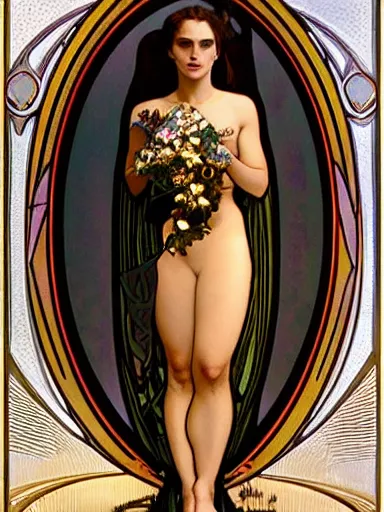 Image similar to a beautiful painting of natalie portman by Alphonse Mucha and by joe quesada, Art Nouveau, Neo-Gothic, gothic, award winning painting, hyperdetailed, detailed