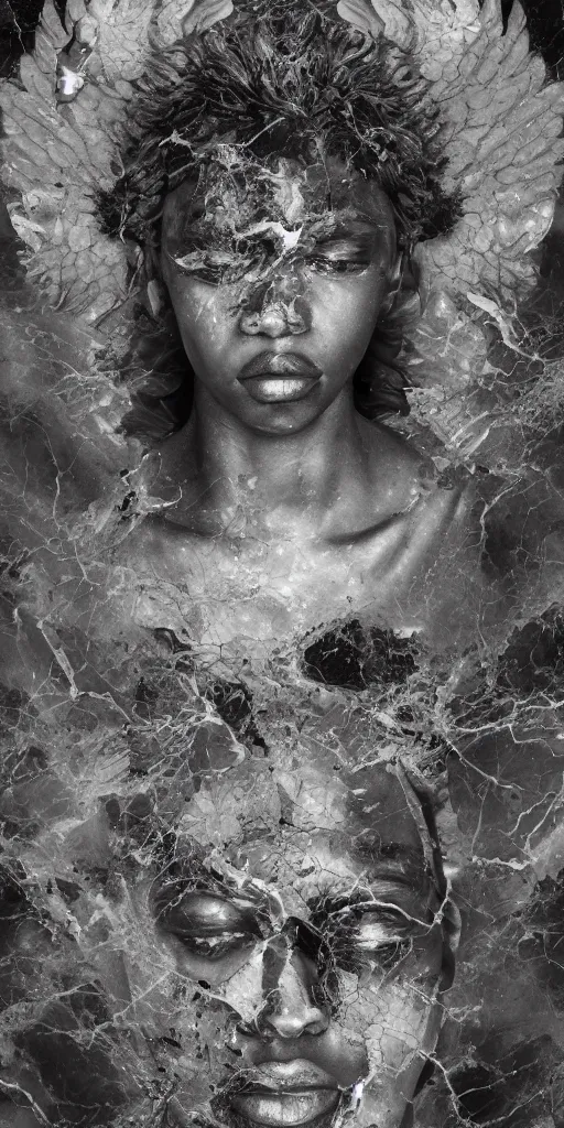 Image similar to realistic digital painting of a stunning intricate cracked black marble falling african american angel with face sculpture, mycelium stands and misty xparticles neutral tone background, trending on artstation, hyperrealism, matte painting, subsurface scattering