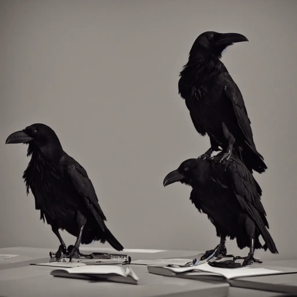 Image similar to a photograph of a raven using a computer, filmic, dramatic lighting