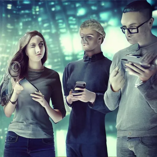 Image similar to futuristic dystopian group of people starring into their phone