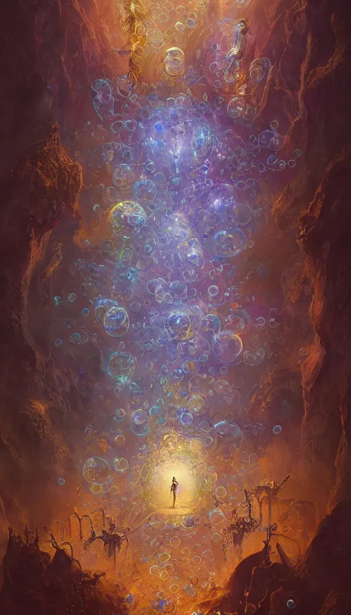 Image similar to inner schema of soul is an occult graph made of iridescent bubbles and golden triangles, trending on ArtStationHQ, hyperdetailed DnD painting by Dariusz Zawadski and Greg Rutkowski and James Gurney