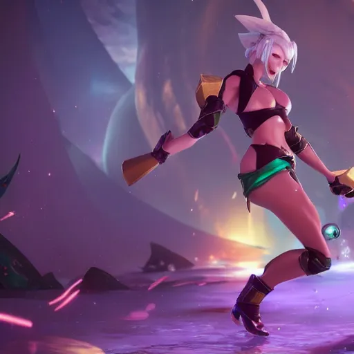 Image similar to still of pretty Riven (League of Legends) in KDA music video. 3d render, octane render, game art, realistic, highly detailed, trending on artstation, 4k, trending on artstation, pixar, cgsociety, unreal engine 5, redshift render, trending on artstation, blender, behance, cg