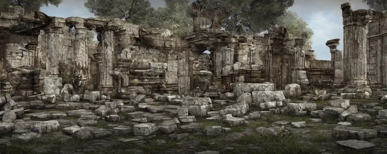 Image similar to an ancient ruined temple of the old Pagan Gods, 8k hyper realistic, Photorealistic, rendered by Octane