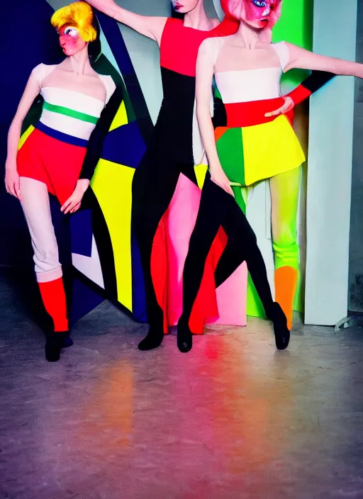 Prompt: david bowie music clip with dancers dressed by sonia delaunay clothing, neon lights, photorealistic, eastman kodak