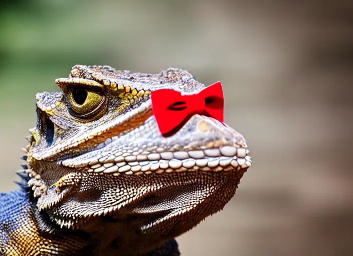 Image similar to dslr portrait still of a bearded dragon wearing a top hat and a red bowtie, 8 k 8 5 mm f 1. 4