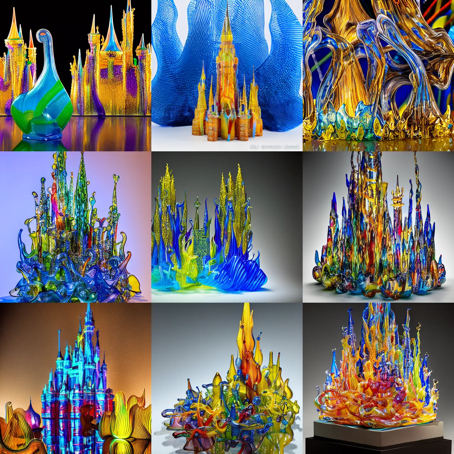 Prompt: Abstract Glass sculpture in the shape of Cinderella Castle by Dale Chihuly, product photography, studio lighting