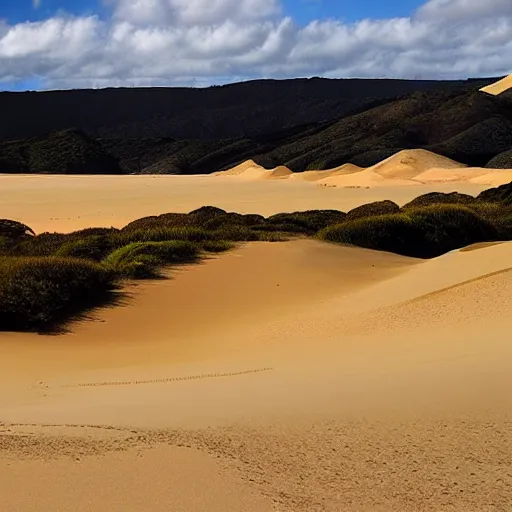 Prompt: sandtrails hokianga, spectacular land, sand and seascapes of the hokianga sand dunes & mitimit digital art, traditional maori