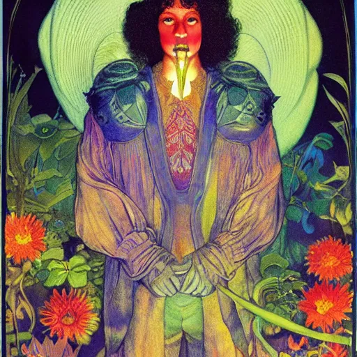 Image similar to bioluminescent prince, by annie swynnerton and leo and diane dillon and adolf wolfli and ( diego rivera ), elaborate costume, flowers, iridescent beetles, rich color, dramatic cinematic lighting, smooth, sharp focus, extremely detailed