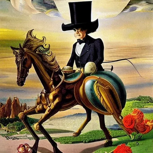 Image similar to an a gentleman in a top hat riding an extremely long and spindly mechanical horse in a futuristic!!! victorian city, oil painting, style of salvador dali and richard dadd!!!!, rococo lots of plants and flowers