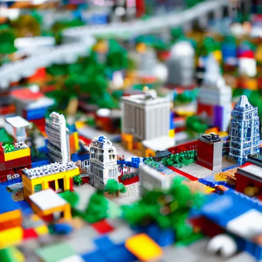 Image similar to a large scale city made of legos, 3 5 mm, shallow depth of field, diorama, 4 k