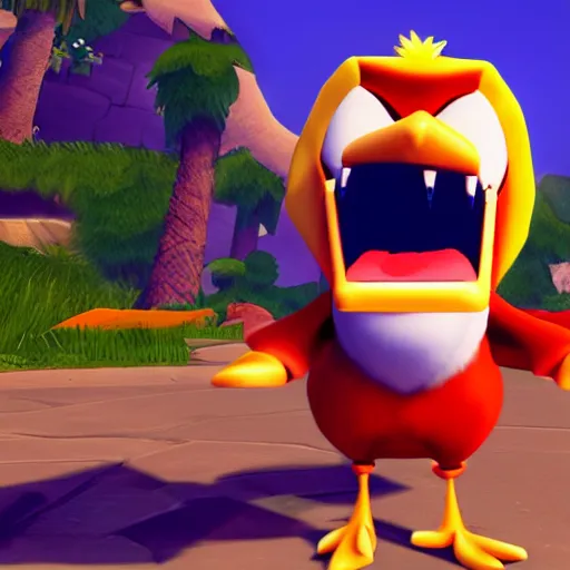 Prompt: screenshot of a cute wacky humanoid goose enemy with a coat in crash bandicoot video game, crash bandicoot 4, playstation 1 era graphics, activision blizzard style, 4 k upscaled graphics