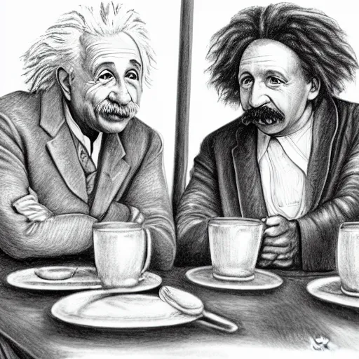 Image similar to Einstein and Newton sitting at cafe, pencil drawing, ultra detailed