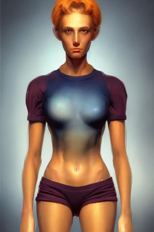 Prompt: ultra realistic portrait of a Abstract tech shirt and hotpants, realistic eyes, symmetric body features proportions, ultra intricate details, volumetric clouds, focus, award winning, unreal render, by Boris Vallejo