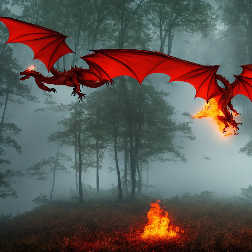 Image similar to fire breathing dragon flying over foggy old forest near small pond, very detailed, 4 k, professional photography